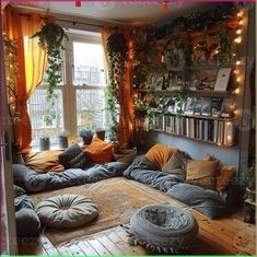 a living room filled with lots of furniture and plants on the windows sills