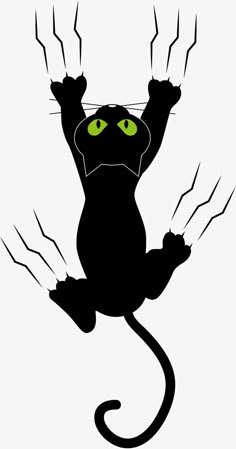 a black cat with green eyes and claws on it's back, standing in the air