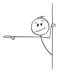 a stick figure is peeking out from behind a wall and pointing his finger at something