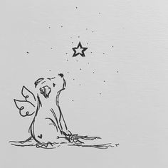 a black and white drawing of a dog sitting on the ground with stars in the sky