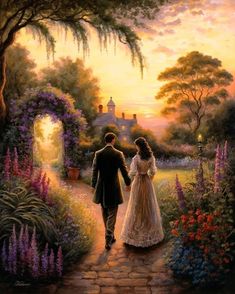 a painting of a man and woman walking down a path towards a garden at sunset