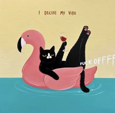 a painting of a cat sitting on top of a pink flamingo