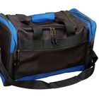 a black and blue duffel bag on a white background with the handle extended to it's side