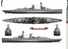 three different views of a battleship