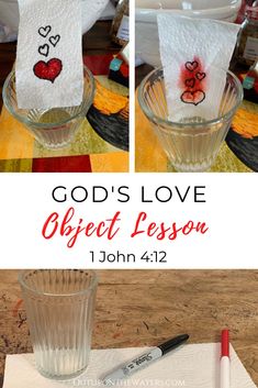 This object lessons makes a great Bible lesson about God's love for kids.  You can also frame this as an experiment (have the kids draw and color their own hearts and see what happens).  I love pairing this object lesson with Bible verses about God's love and then talking about how we can share God's love with others.  Perfect for Sunday school, the classroom, or at home.  #godslove #objectlesson #sundayschool #biblelessonforkids Object Lessons For Teens, Love Object Lesson For Kids, Quick Bible Lessons For Kids, Summer Bible Lessons For Kids, Love Object Lesson, Bible Experiments, Free Sunday School Lessons For Kids, Bible Science Experiments, Fun Bible Lessons For Kids