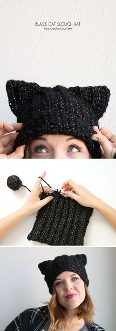 a woman wearing a knitted black cat hat