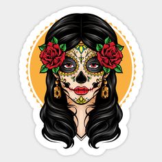 a woman with black hair and day of the dead makeup is wearing roses on her head