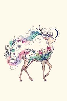 a drawing of a deer with flowers on it's back