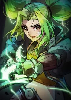 an anime character with green hair holding a glowing light in her hand and looking at the camera