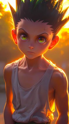 a young boy with green hair standing in front of the sun