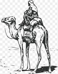 a black and white drawing of a man riding on top of a camel in the desert