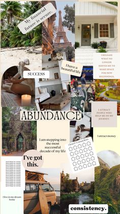 a collage of photos with the words abundance written in different languages and pictures on it