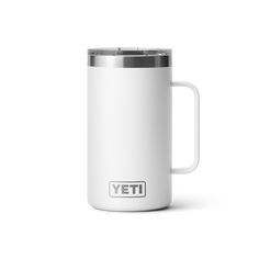 a white yeti mug with the word yeti on it