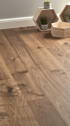 a wooden floor with two planters on the top and one potted plant next to it