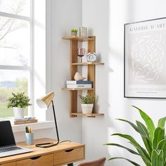 a laptop computer sitting on top of a wooden desk next to a plant in a pot