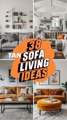 the living room is decorated in white and orange colors with text overlay that reads 38 sofa living ideas