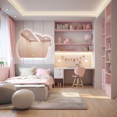 a child's bedroom with pink furniture and accessories on the walls, along with shelves