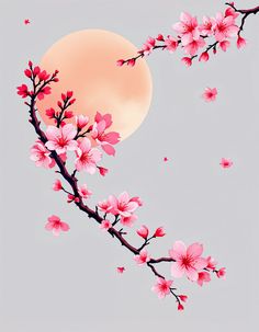 a branch with pink flowers in front of a full moon