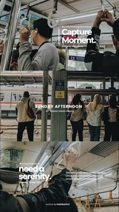 people are standing on the train platform and looking at their surroundings in different directions, with text that reads capture moment