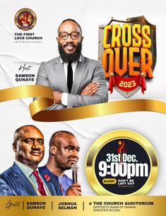 the event poster for cross over with two men in suits and ties, one holding a microphone