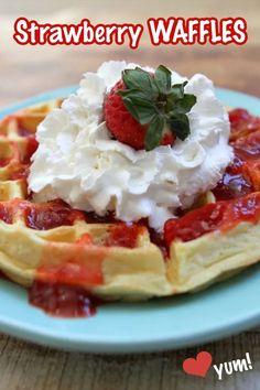 waffle topped with strawberry sauce and whipped cream Recipes With Strawberries, Waffle Iron Recipes, Homemade Strawberry Sauce, Waffle Maker Recipes, Strawberry Waffles, Homemade Soft Pretzels, Iron Recipes, Waffles Recipe, Powder Sugar