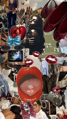 collage of images with woman's face, shoes and other things in them