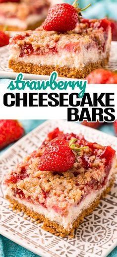 strawberry cheesecake bars on a white plate with strawberries in the background and text overlay