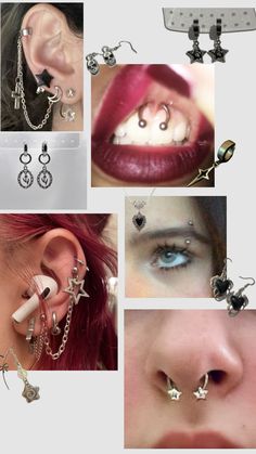 multiple pictures of various piercings and jewelry on women's face, including an earring