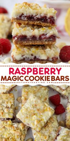 Raspberry magic cookie bars put a fruit-filled twist on classic 7-layer bars! This version has sweet raspberry jam and a sprinkle of lemon zest, plus all the ooey-gooey texture and crunch that I love in the original seven layer bars. Fruit Dessert Bars Recipes, Magic Squares Recipe, No Bake Raspberry Desserts, Fruit Bars Dessert, 7 Layer Dessert Bars, 7 Layer Bars Recipe, 9 Layer Cookie Bar Recipe, Raspberry Magic Bars, Raspberries Desserts