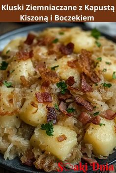 a close up of a plate of food with potatoes and bacon on it in the background