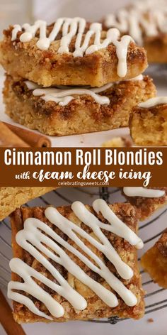 cinnamon roll blondies with cream cheese icing stacked on top of each other,