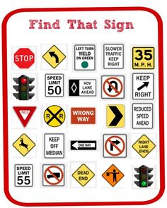 various road signs and traffic lights with the words'find that sign'in red