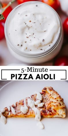 pizza slices with sauce and tomatoes in the background text reads 5 - minute pizza aloi