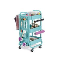 Simply Tidy Gramercy Metal Craft Storage Trolley with Mesh Trays and Movable Wheels - Teal - Walmart.com Craft Cart Ideas, Small Cricut Workspace, Vinyl Cart, Sewing Cart, Craft Trolley, Raskog Ikea, Kids Homework Station, Cricut Cart, Ikea Cart