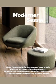 a magazine cover with a chair and ottoman in front of a sliding glass door that reads modern sessel