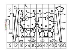 a drawing of two hello kittys on a swing with numbers to 10 and below