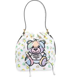 Moschino Bear Embroidered Bucket Bag | Nordstromrack Drawstring Handbag, Colorful Patterns, Drawstring Top, Embroidered Details, Block Lettering, Letter Logo, Drawstring Backpack