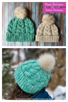 two knitted hats with pom poms on them