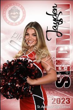 the cheerleader is posing with her pom - poms in red and black