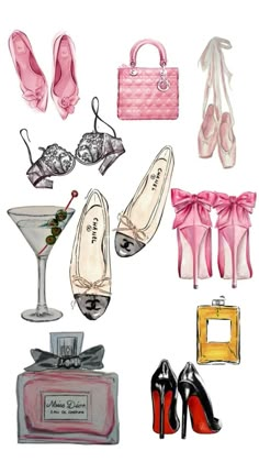 watercolor fashion illustration with shoes, purses and bags