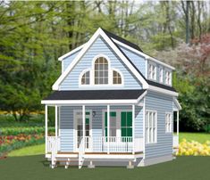 this is a computer rendering of a small blue house with porches and green shutters