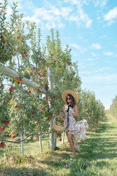 a woman in a straw hat and dress standing next to an apple tree with apples on it