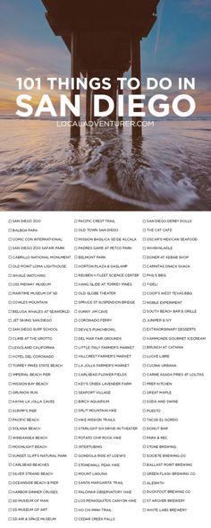 a poster with the words 101 things to do in san diego