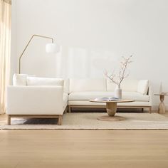 a living room with a white couch, coffee table and lamp on the side wall