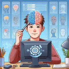 a man sitting in front of a computer with a brain on it