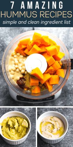 the steps to make hummus in a food processor with text overlay that reads 7 amazing hummus recipes simple and clean ingredient list