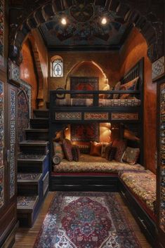 a room with bunk beds and rugs on the floor in front of stairs leading up to it