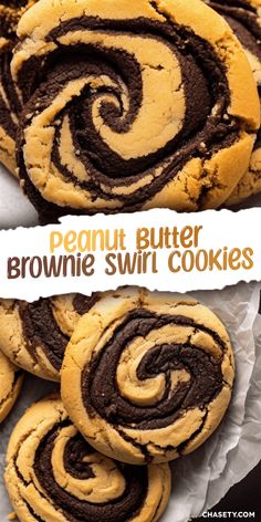 chocolate peanut butter brownie swirl cookies on a white plate with the words, peanut butter brownie swirl cookies