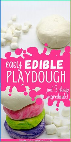 the cover of easy edible playdough is shown with marshmallows around it