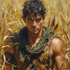 a painting of a man in the middle of a wheat field with his hands on his hips